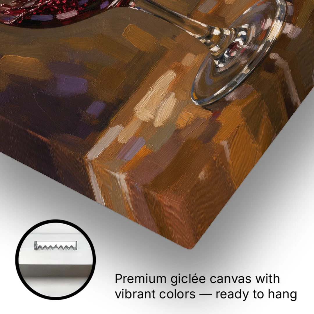 Wine Glass Wall Art with a Swirling Red Pour - Canvas Wall Art - Gallery Wrap Corner