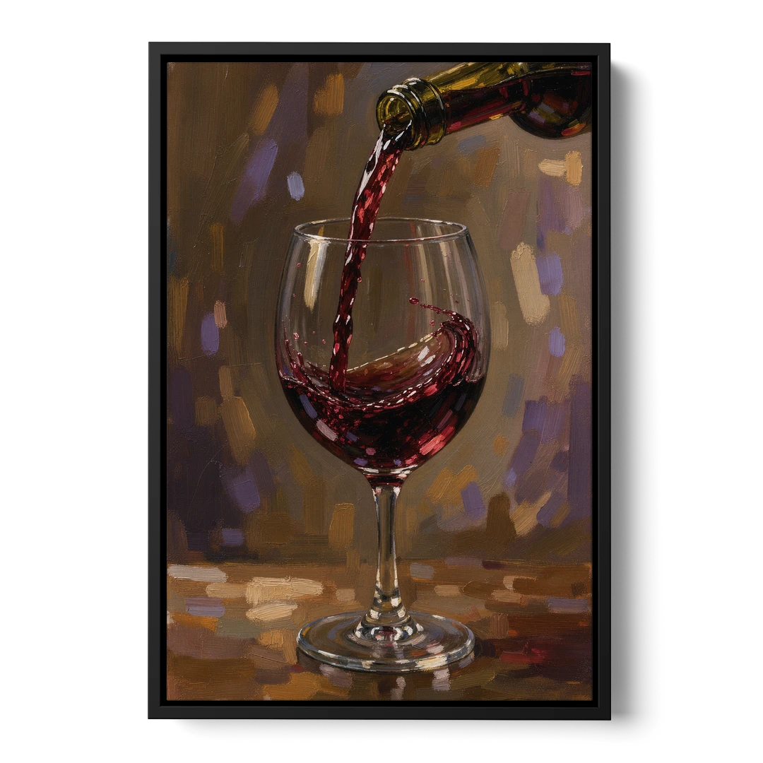 Wine Glass Wall Art with a Swirling Red Pour - Black Framed Canvas Wall Art - Front