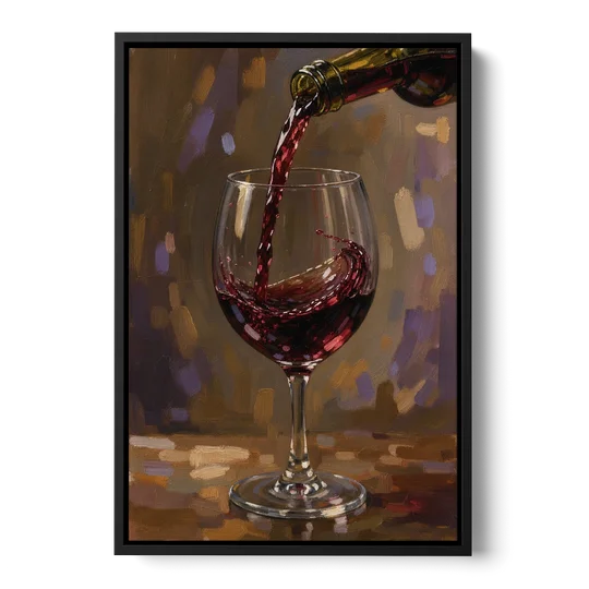 Wine Glass Wall Art with a Swirling Red Pour - Black Framed Canvas Wall Art - Front