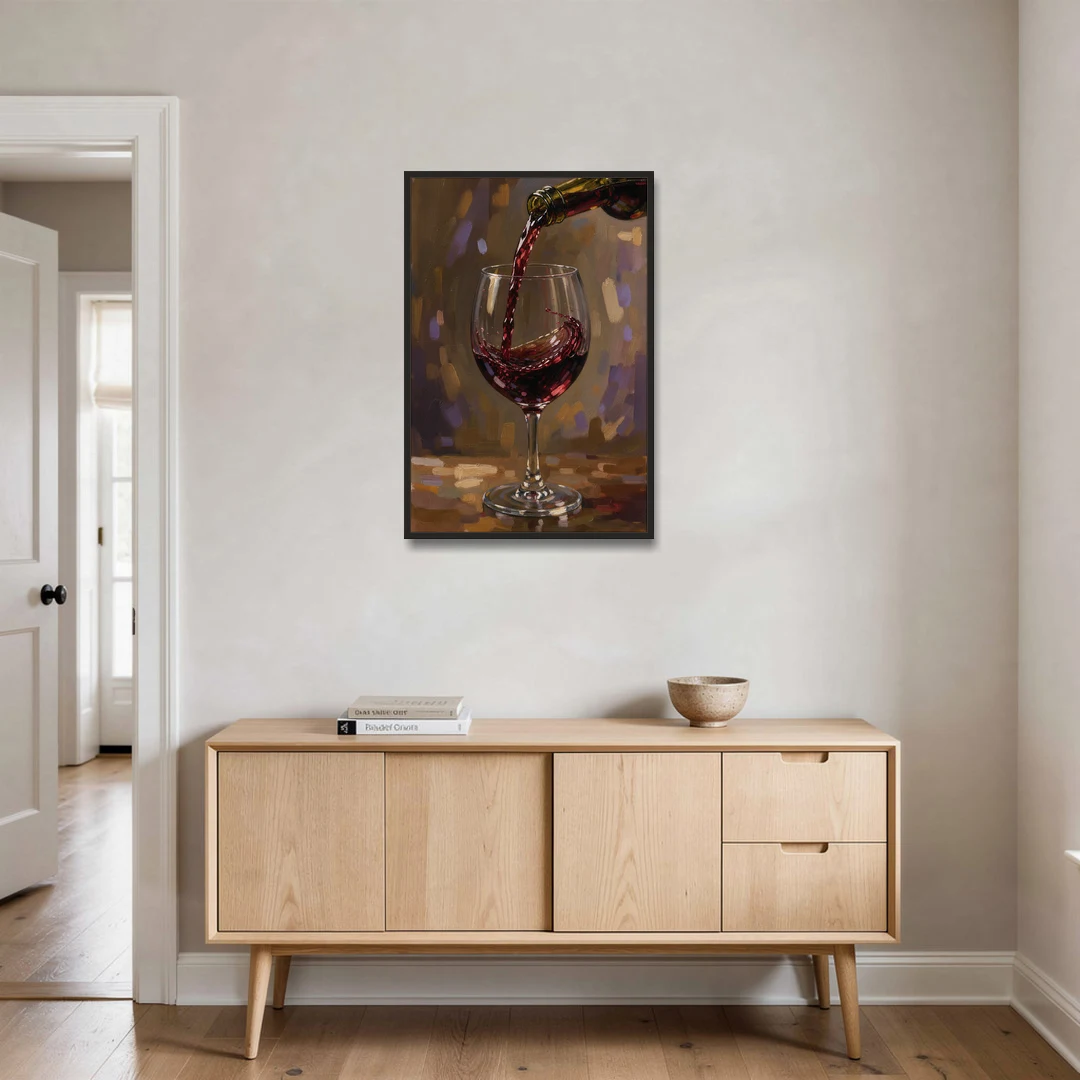 Wine Glass Wall Art with a Swirling Red Pour - Black Framed Canvas Wall Art - Coffee Table - 24x36