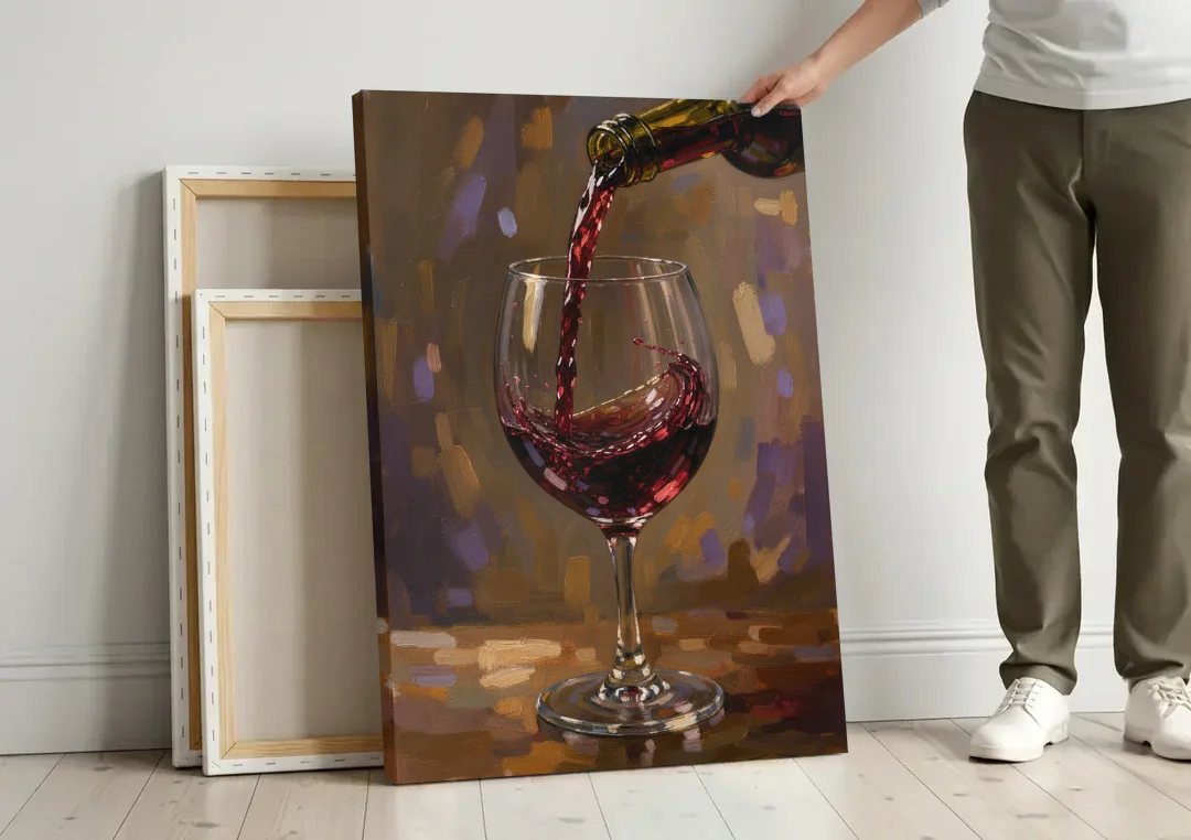 Wine Glass Wall Art with a Swirling Red Pour canvas wall art leaning against a wall next to blank canvases