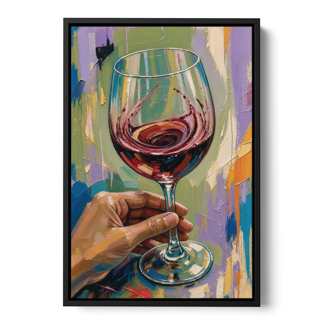 Wine Painting of a Swirling Red Glass - Black Framed Canvas Wall Art - Front