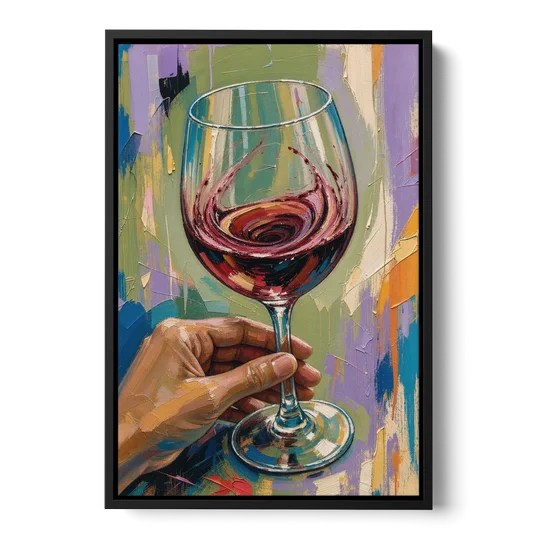 Wine Painting of a Swirling Red Glass - Black Framed Canvas Wall Art - Front