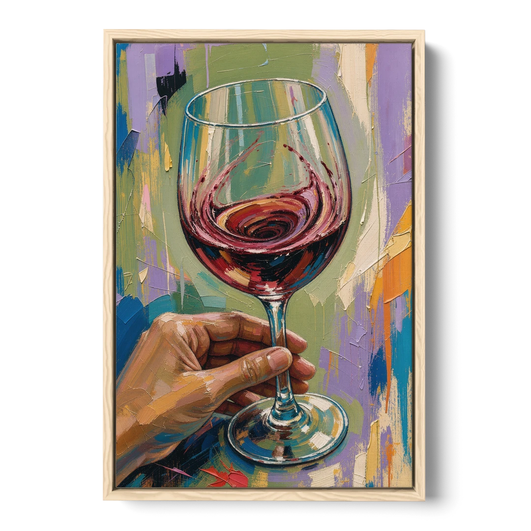 Wine Painting of a Swirling Red Glass - Oak Framed Canvas Wall Art - Front