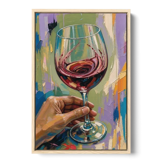 Wine Painting of a Swirling Red Glass - Oak Framed Canvas Wall Art - Front