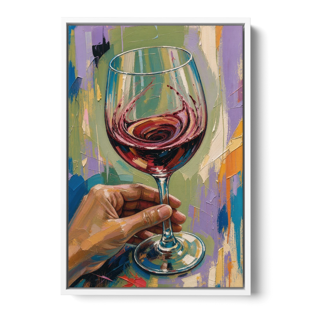 Wine Painting of a Swirling Red Glass - White Framed Canvas Wall Art - Front