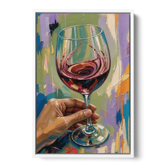 Wine Painting of a Swirling Red Glass - White Framed Canvas Wall Art - Front