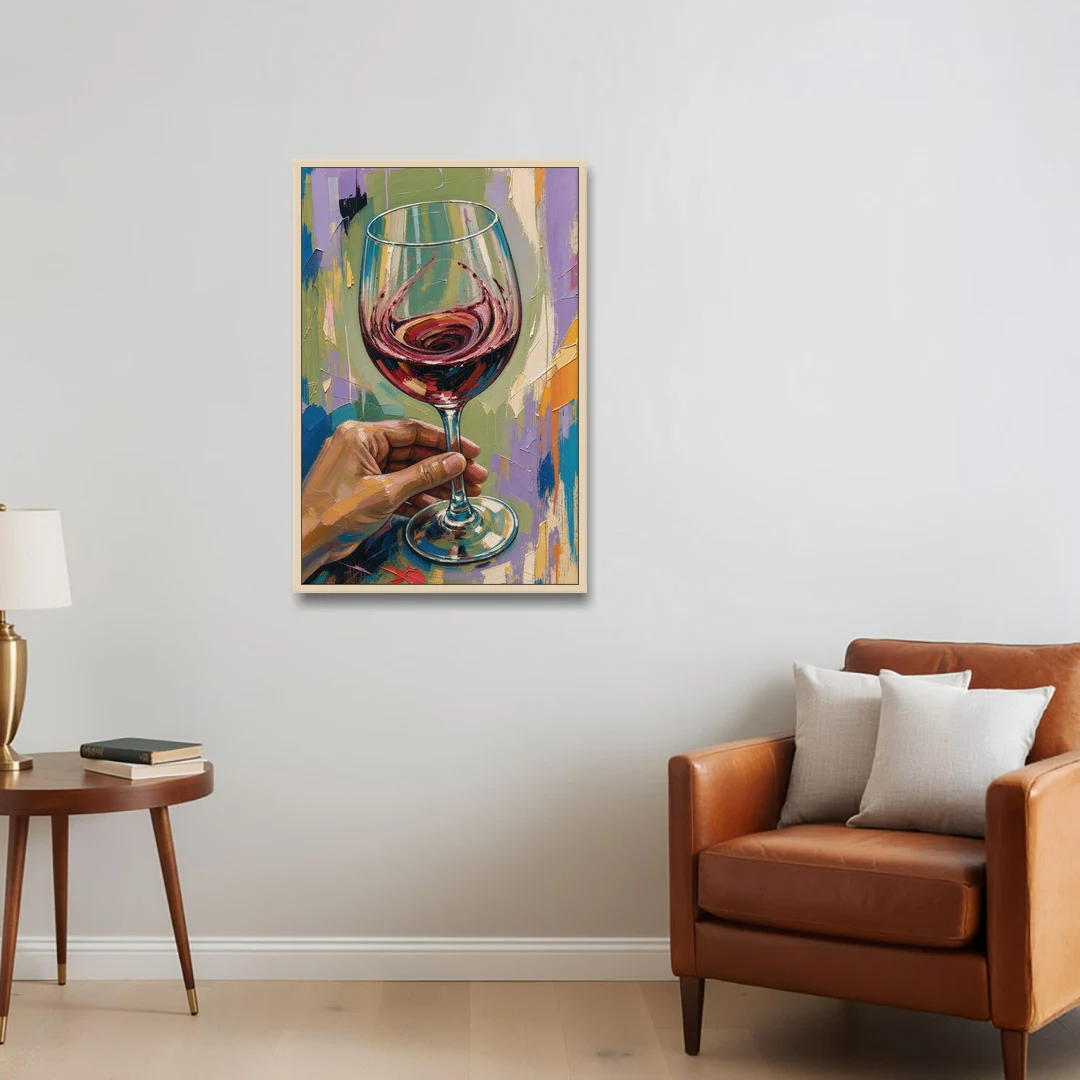 Wine Painting of a Swirling Red Glass - Oak Framed Canvas Wall Art - Sofa - 24x36
