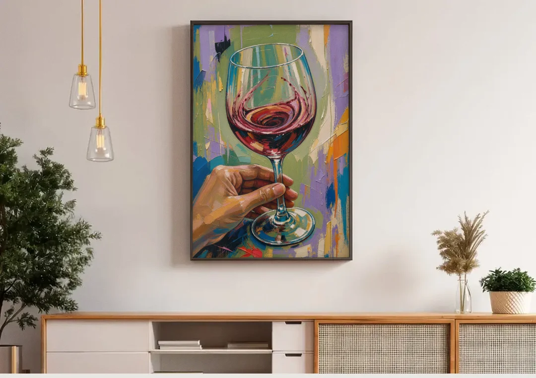 Wine Painting of a Swirling Red Glass canvas wall art above a wooden sideboard under pendant lights