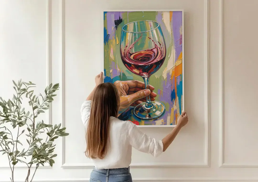 Wine Painting of a Swirling Red Glass canvas wall art being hung on a paneled wall