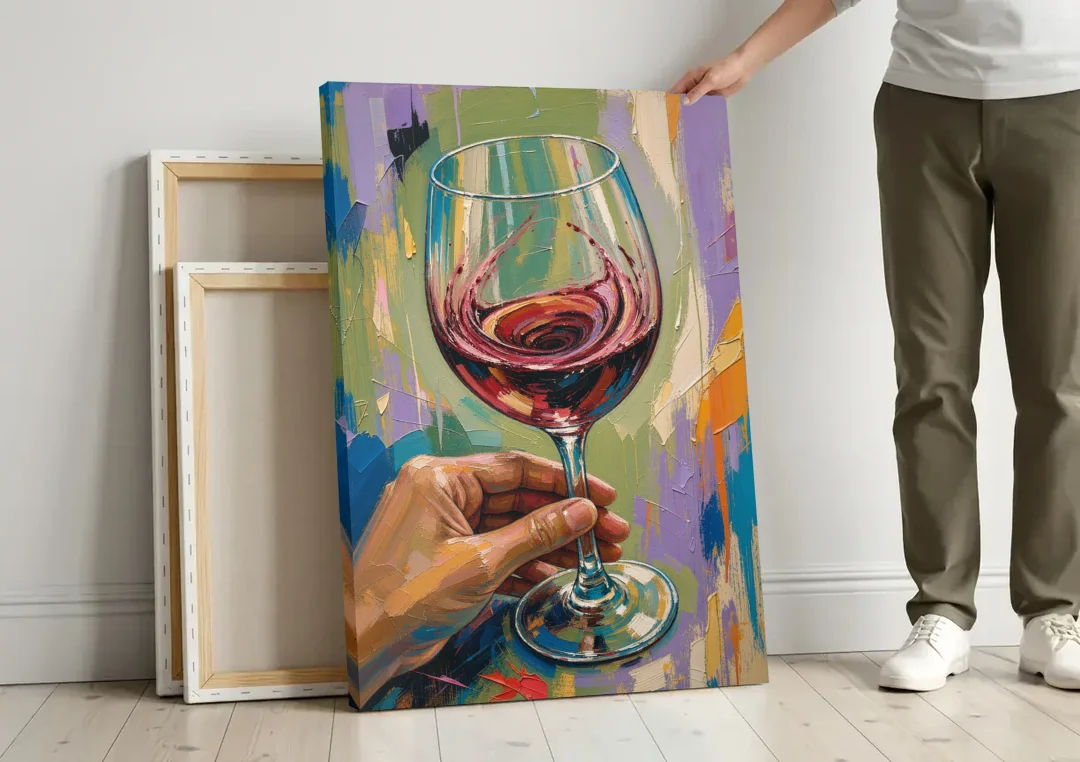 Wine Painting of a Swirling Red Glass canvas wall art leaning against a wall next to blank canvases