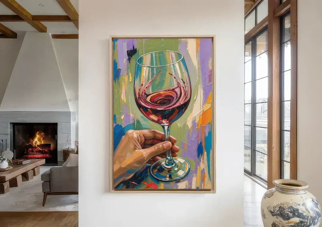 Wine Painting of a Swirling Red Glass canvas wall art in a living room with a fireplace