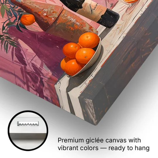 Wine Painting with Oranges on Pink - Canvas Wall Art - Gallery Wrap Corner