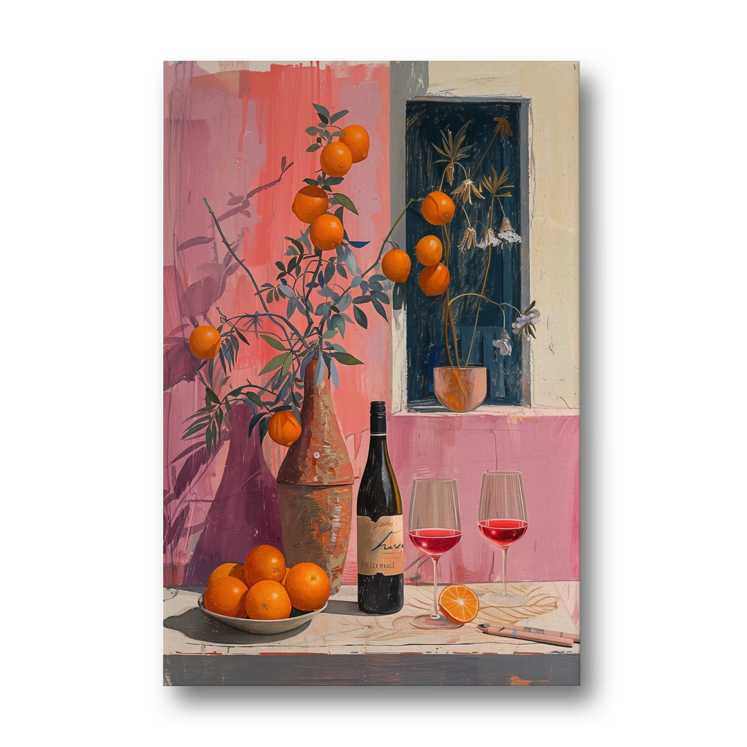 Wine Painting with Oranges on Pink - Canvas Wall Art - Front