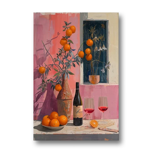 Wine Painting with Oranges on Pink - Canvas Wall Art - Front
