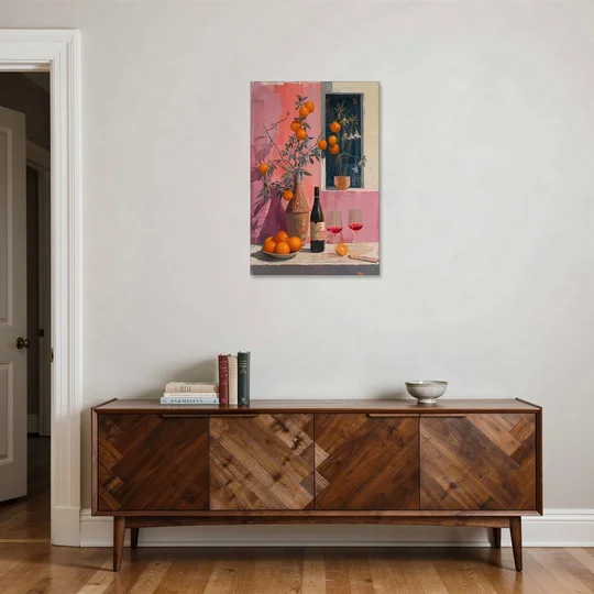 Wine Painting with Oranges on Pink - Canvas Wall Art - Coffee Table - 24x36