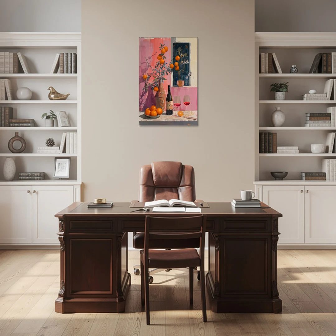 Wine Painting with Oranges on Pink - Canvas Wall Art - Office - 24x36