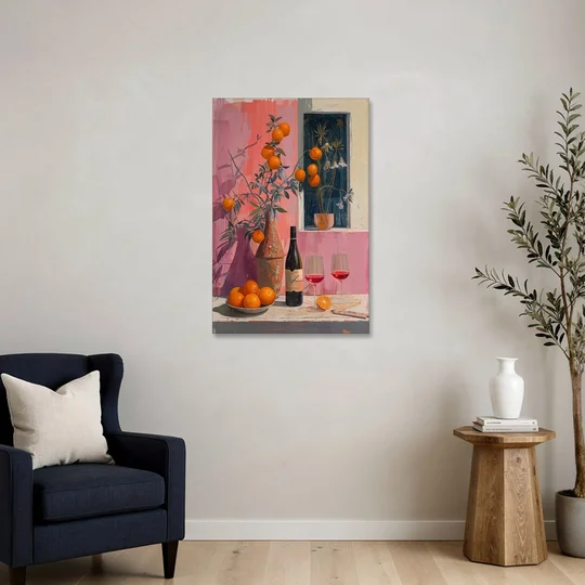 Wine Painting with Oranges on Pink - Canvas Wall Art - Sofa - 24x36