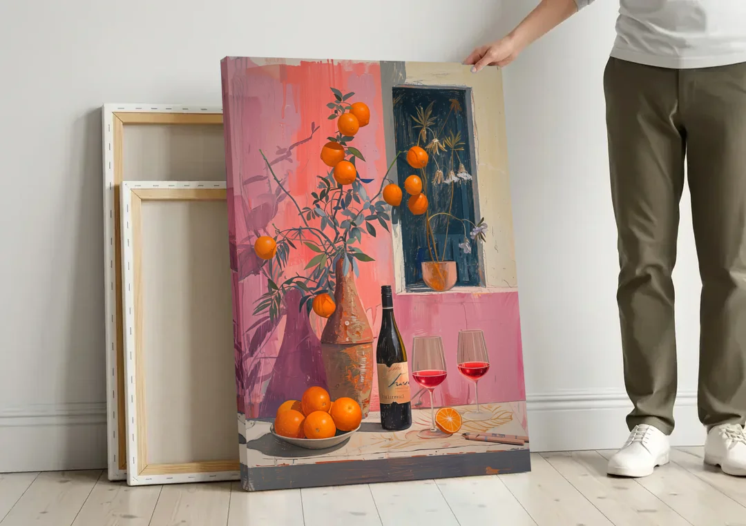 Wine Painting with Oranges on Pink canvas wall art leaning against a wall next to blank canvases