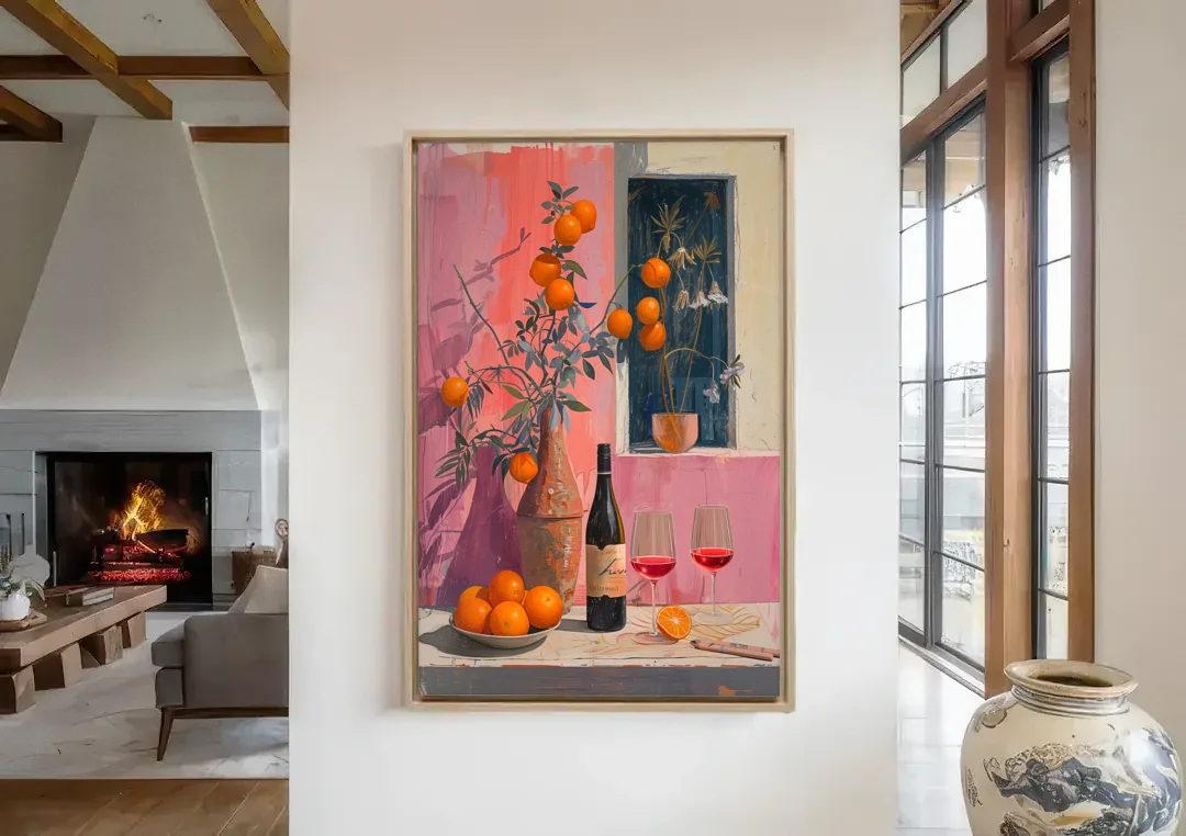 Wine Painting with Oranges on Pink canvas wall art in a living room with a fireplace