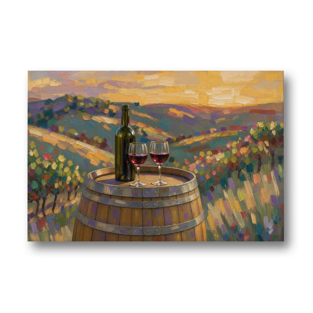 Wine Themed Wall Decor with Barrel at Sunset - Canvas Wall Art - Front