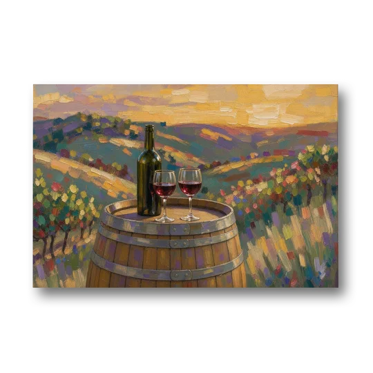 Wine Themed Wall Decor with Barrel at Sunset - Canvas Wall Art - Front