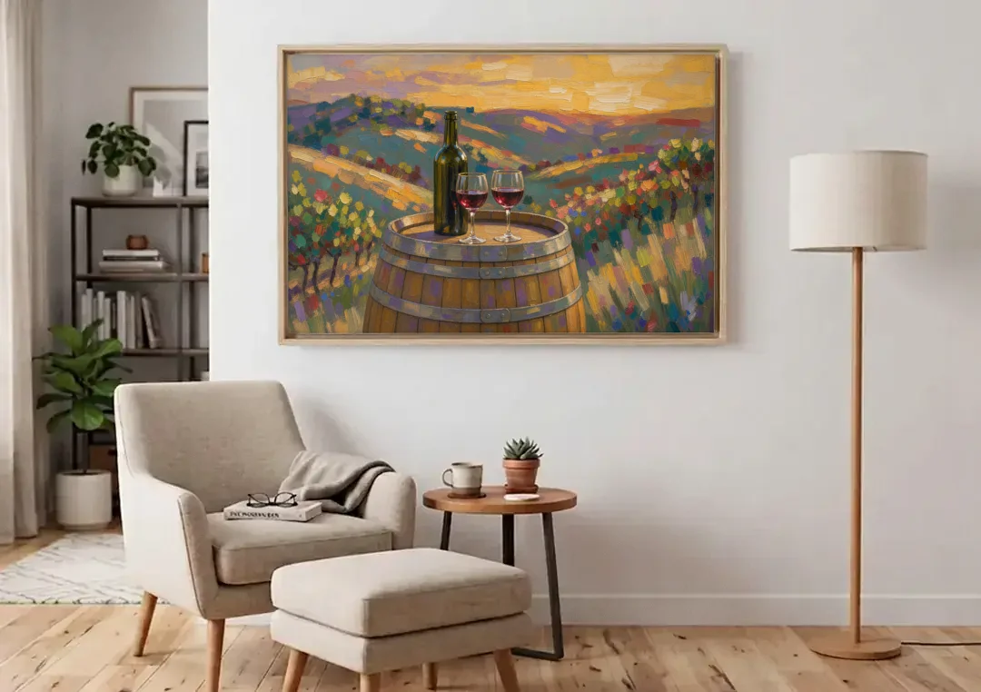 Wine Themed Wall Decor with Barrel at Sunset canvas wall art above an armchair in a bright living room