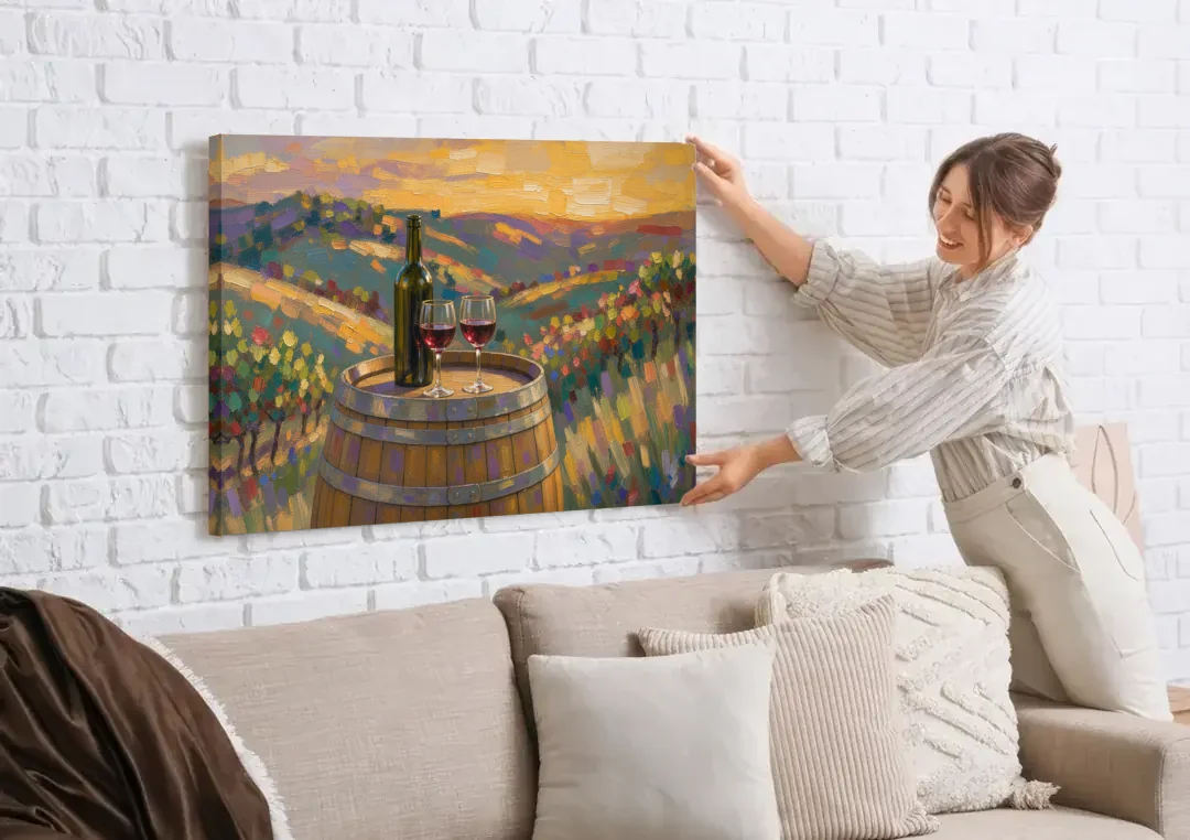 Wine Themed Wall Decor with Barrel at Sunset canvas wall art being hung on a white brick wall above a sofa