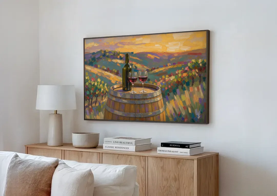 Wine Themed Wall Decor with Barrel at Sunset canvas wall art above a wooden sideboard next to a sofa