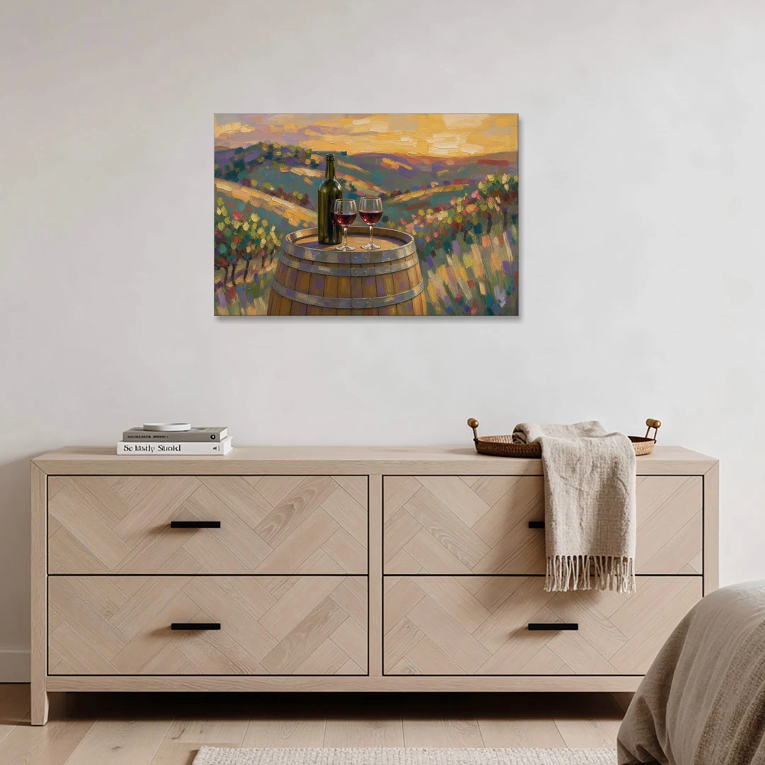 Wine Themed Wall Decor with Barrel at Sunset - Canvas Wall Art - Coffee Table - 36x24