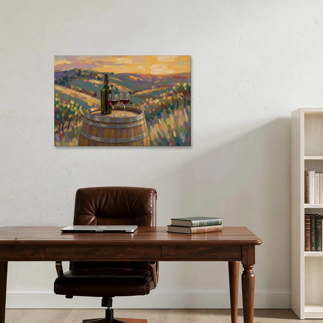 Wine Themed Wall Decor with Barrel at Sunset - Canvas Wall Art - Office - 36x24