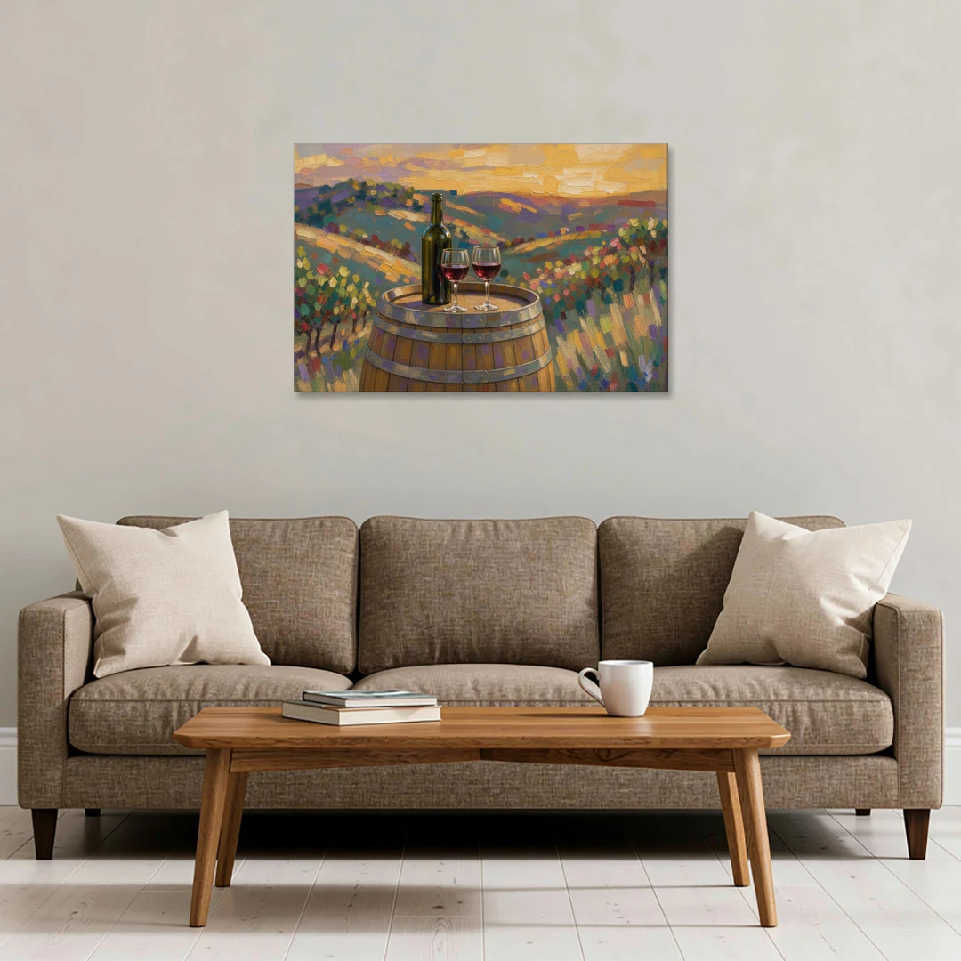 Wine Themed Wall Decor with Barrel at Sunset - Canvas Wall Art - Sofa - 36x24