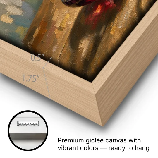 Wine Wall Decor with a Glowing Decanter - Oak Framed Canvas Wall Art - Gallery Wrap Corner
