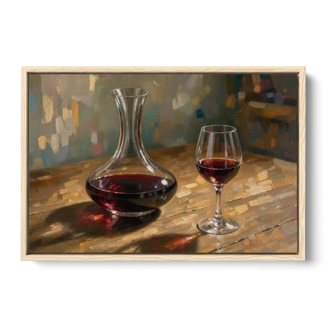 Wine Wall Decor with a Glowing Decanter - Oak Framed Canvas Wall Art - Front
