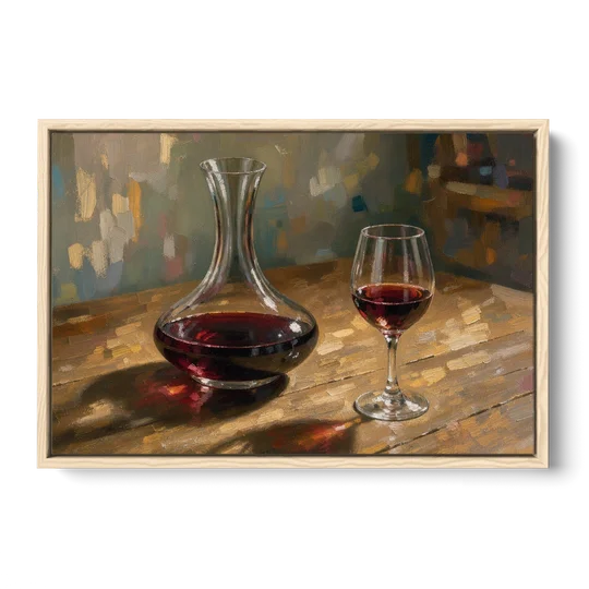 Wine Wall Decor with a Glowing Decanter - Oak Framed Canvas Wall Art - Front