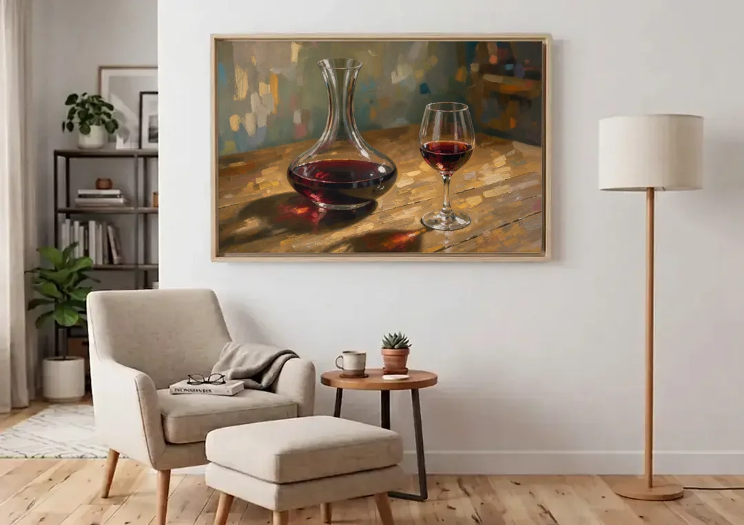 Wine Wall Decor with a Glowing Decanter canvas wall art above an armchair in a bright living room