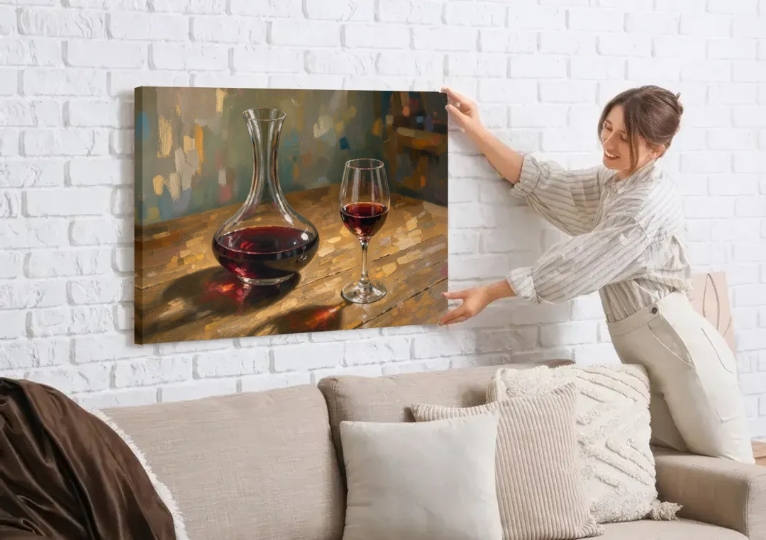 Wine Wall Decor with a Glowing Decanter canvas wall art being hung on a white brick wall above a sofa