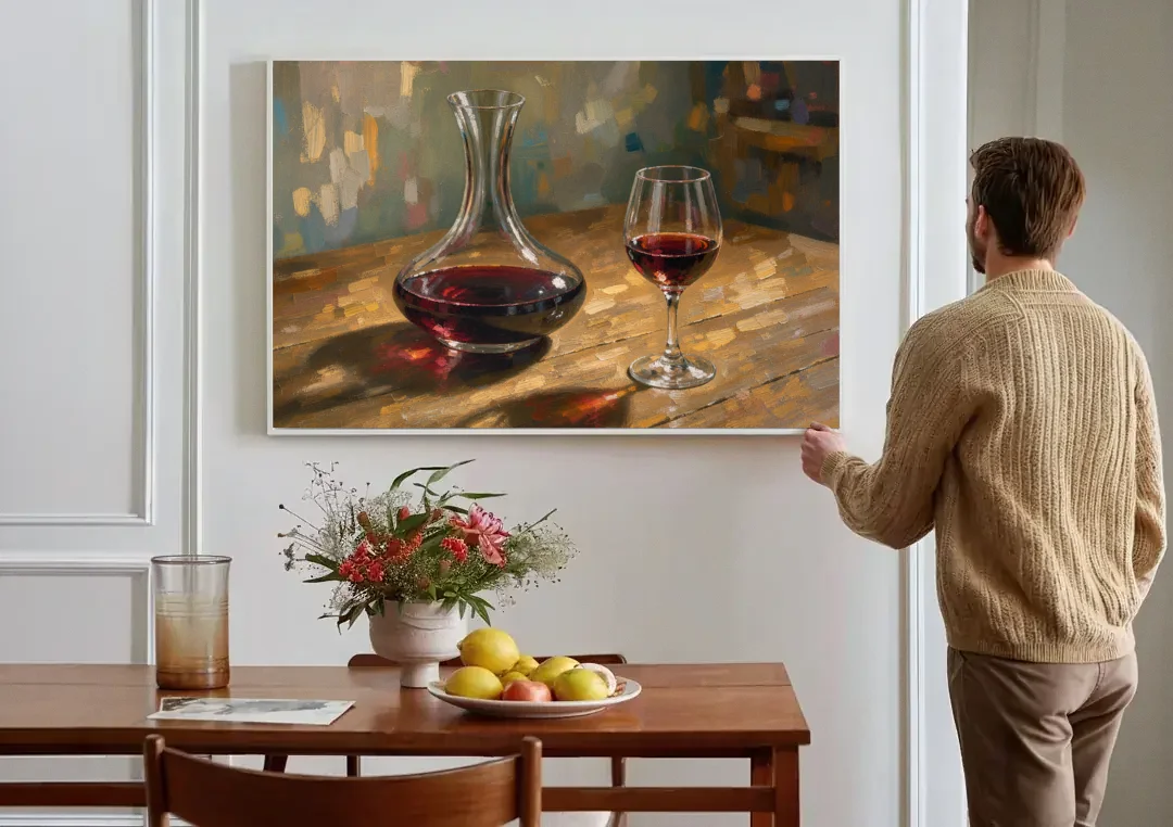 Wine Wall Decor with a Glowing Decanter canvas wall art above a dining table