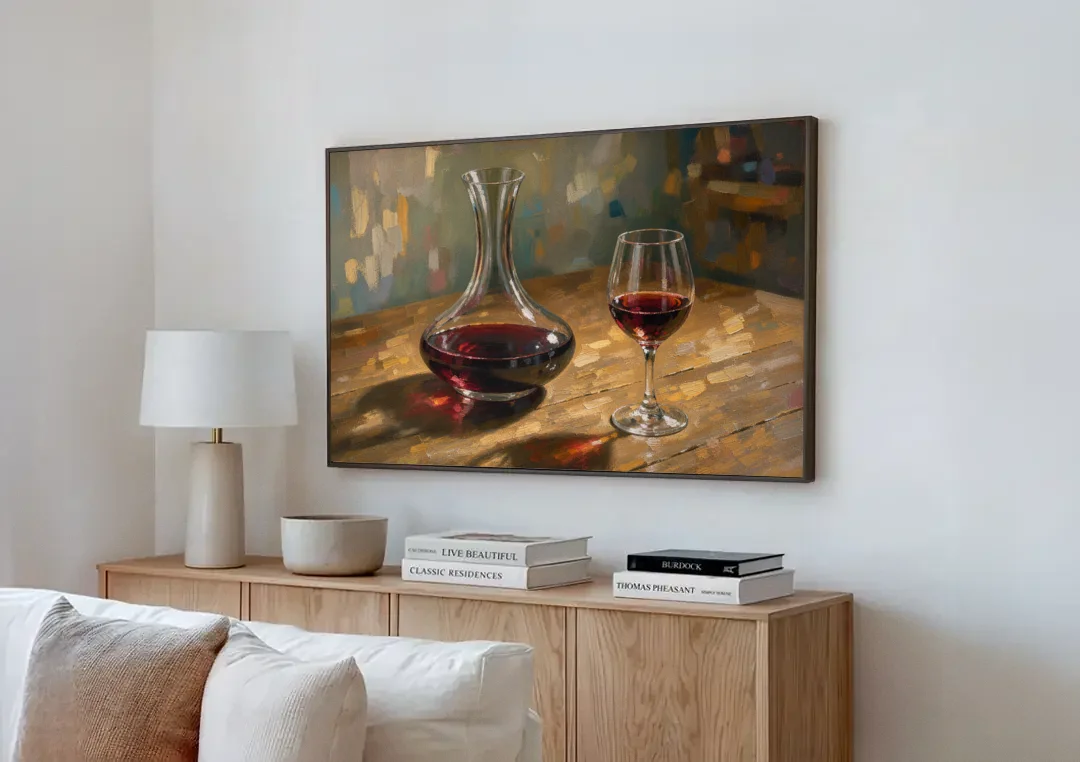 Wine Wall Decor with a Glowing Decanter canvas wall art above a wooden sideboard next to a sofa