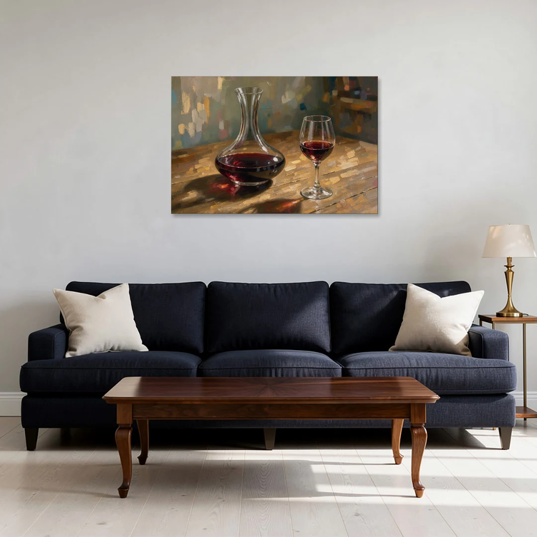 Wine Wall Decor with a Glowing Decanter - Canvas Wall Art - Sofa - 36x24