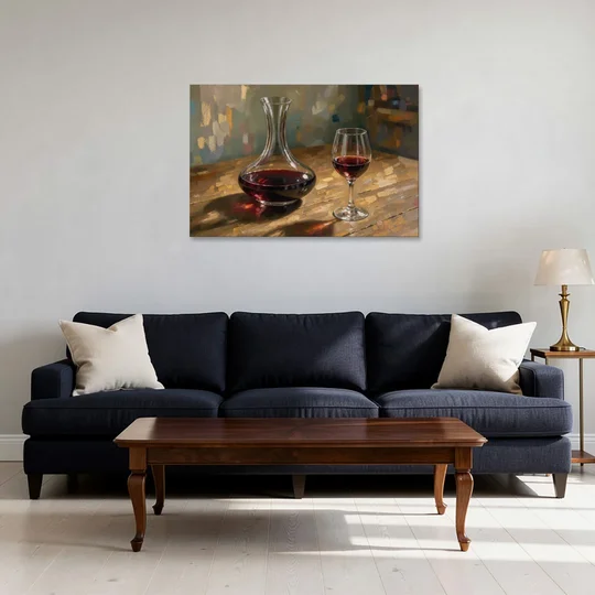 Wine Wall Decor with a Glowing Decanter - Canvas Wall Art - Sofa - 36x24