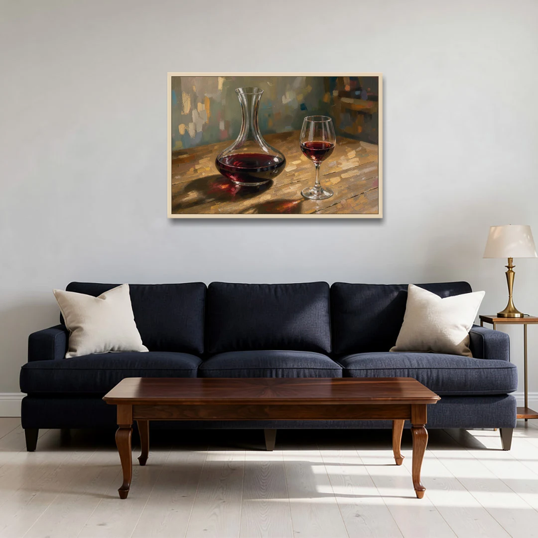 Wine Wall Decor with a Glowing Decanter - Oak Framed Canvas Wall Art - Sofa - 36x24