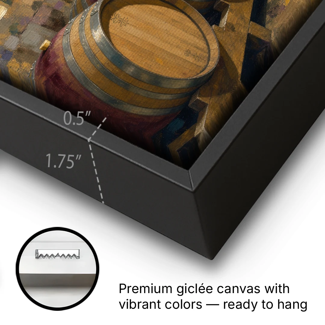 Winery Decor Oak Barrels Beneath the Stone Vault - Black Framed Canvas Wall Art - Gallery Wrap Corner