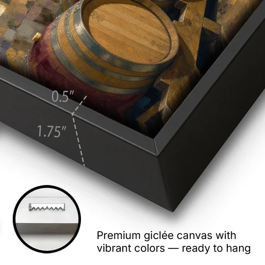 Winery Decor Oak Barrels Beneath the Stone Vault - Black Framed Canvas Wall Art - Gallery Wrap Corner