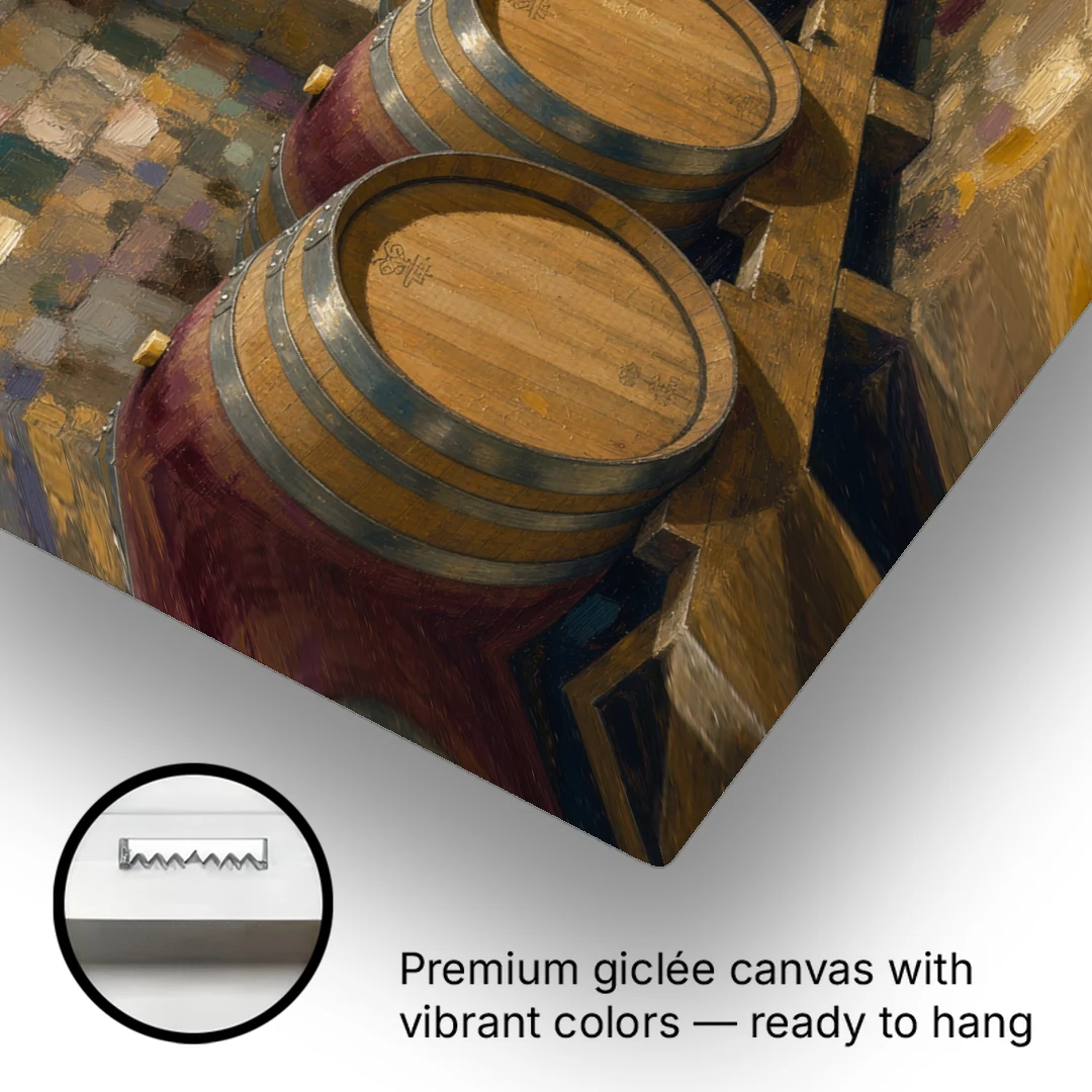 Winery Decor Oak Barrels Beneath the Stone Vault - Canvas Wall Art - Gallery Wrap Corner