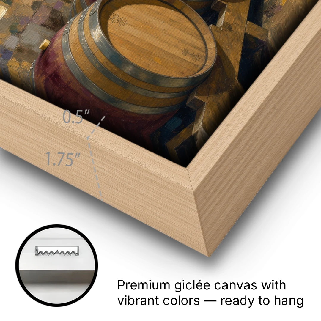 Winery Decor Oak Barrels Beneath the Stone Vault - Oak Framed Canvas Wall Art - Gallery Wrap Corner