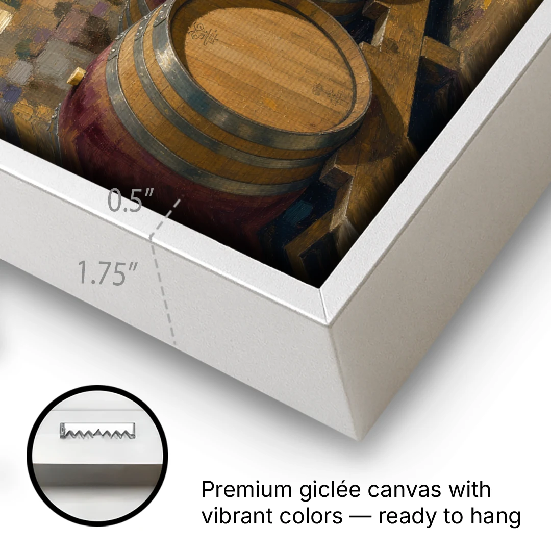 Winery Decor Oak Barrels Beneath the Stone Vault - White Framed Canvas Wall Art - Gallery Wrap Corner