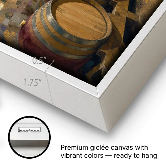 Winery Decor Oak Barrels Beneath the Stone Vault - White Framed Canvas Wall Art - Gallery Wrap Corner