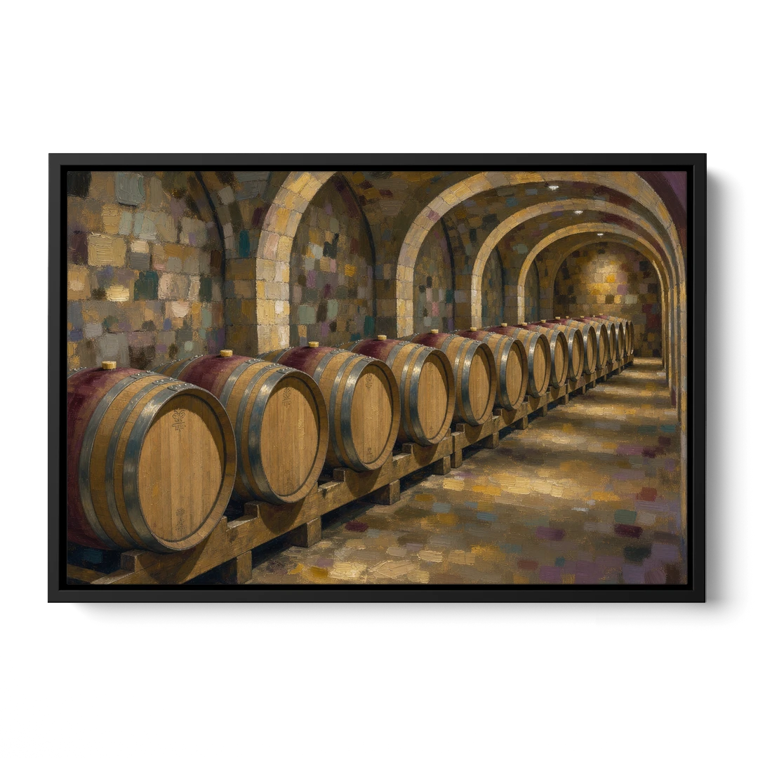 Winery Decor Oak Barrels Beneath the Stone Vault - Black Framed Canvas Wall Art - Front