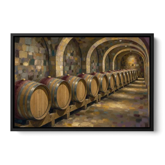 Winery Decor Oak Barrels Beneath the Stone Vault - Black Framed Canvas Wall Art - Front